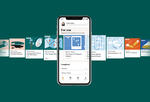 screenshots of a smartphone with pages of a website, offset on a dark green background