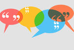 four conversation bubbles with quotation marks in each
