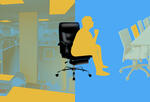 illustration of a man sitting in a chair between a split-screen of an office and conference room