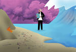 Policymaker holding papers amid a flood, fire, and polluted skyline