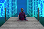 woman sitting on platform with tech background