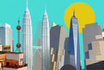 A composite illustration of various types of city skylines, including skyscrapers and a favela.