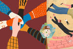 a collage of illustrations including hands gathering together and flying men and women