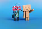 robot and smiling carboard human holding hands