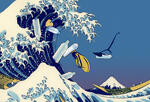 ocean wave in the style of a Japanese woodcut with plastic debris