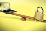 Illustration of teeter totter with laptop and lock