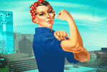 Rosie the Riveter in front of a modern urban office complex