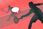 two tennis players batting a conversation bubble over the net