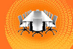 An illustration of a boardroom table ringed by ones and zeros, showing that corporate boards now must build an understanding of digital skills and tools.