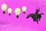 four lightbulbs hang in space next to the profile of a cowboy and lasso against a pink background