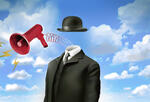 a headless suit and tie with a bowler hat and a megaphone, meant to illustrate an inner critic