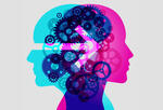 blue and pink silhouettes of heads overlap in opposing directions, meant to represent innovative thinking