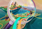 magnifying glass looking over a landscape of boats, trains, and trucks, symbolizing supply chain transparency