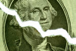 a dollar bill with a jagged diagnoal tear, meant to represent recession