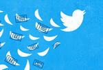 A twitter bird leaves a trail of feathers. Some feathers have stamps that say "Fake" and "True".