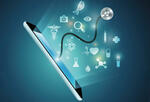 illustration of a laptop tilted with various health-related images emerging, to show telemedicine systems during the covid19 pandemic