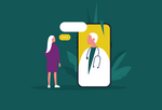 woman speaking with a doctor inside a smartphone, representing telemedicine telehealth