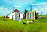 factories on a field of green grass with cows and blue sky overhead