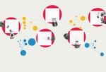 Illustration of people working at round desks that connect like data points