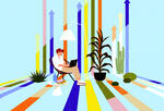 A vibrant and positive illustration of a remote worker in a relaxed environment. Arrows going up are in the background.