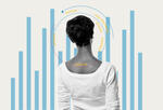 Woman viewed from behind with a pie chart and bar graph superimposed, meant to represent people analytics