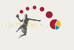 a basketball player dunks a ball that turns into a series of pie charts to represent sports analytics