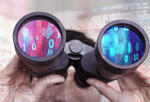Photo illustration of binoculars with abstract digital art in the lens and throughout the composition