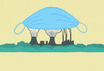An illustration of a face mask covering a factory's smoke stack. Green trees are peaking through.