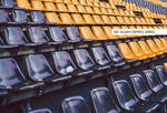 Photograph of empty stadium seats. One seat has a face mask on it.