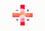 mathematical symbols and a cross shape with a red background and a face mask