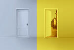 Graphic of a closed door and an open door. A brick road leading to buildings and businesses can be seen through the open door.