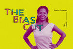 Lime green background with the words the bias cut, while Yscaira Jimenez stands with her hands on her hips