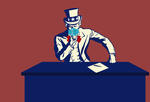 Illustration of Uncle Sam with a face mask on, pondering over a desk with a document on top.