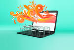 Laptop with chairs and desks on the keyboard and orange waves coming from the screen, meant to indicate distance learning