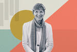 Photograph of MIT researcher Jeanne Ross with colorful geometric shapes in the background