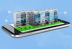 Modern city with landscaping on top of a cellphone, representing property technology or proptech