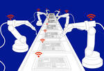 Four robotic arms working on an assembly line of digital computer parts