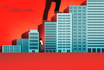 Illustration of a Black man being trapped between buildings in an urban landscape. Larger than life legs are walking up buildings that represent stairs.