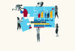 Illustration of employees holding puzzle pieces comprised of data charts