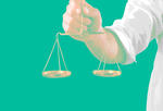 An illustration of a person holding an empty and level balance scale, representing fairness and justice.