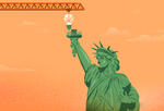 illustration of a crane lowering a lightbulb onto the statue of liberty torch