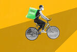 Photo illustration of an Uber Eats worker on a bicycle carrying an Uber Eats delivery bag.