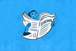Illustration of a man reading a newspaper in the shape of a twitter bird that says "Election"
