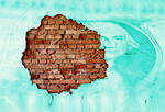 A wall covered in a pattern of money with brick exposed