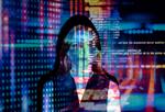 Woman with different coding and data projected onto her face and background