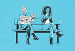 An illustration of a man and woman sitting on a bench. The man is reading a newspaper and his face is also made up of newspaper. The woman is looking at her mobile phone.