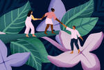 Illustration of three people helping each other climb a flowering branch