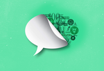 A conversation bubble peeled back to reveal financial symbols representing natural language processing (NLP)