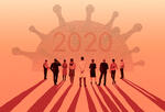 Illustration of a workforce. A horizon line is in the background with the coronavirus rising resembling the sunset/sunrise. There is a "2020" in the coronavirus graphic.