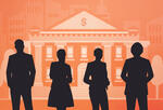 An illustration showing a bank with a group of people outlined in front of it, representing the diverse set of entrepreneurs who face systemic discrimination in financing.